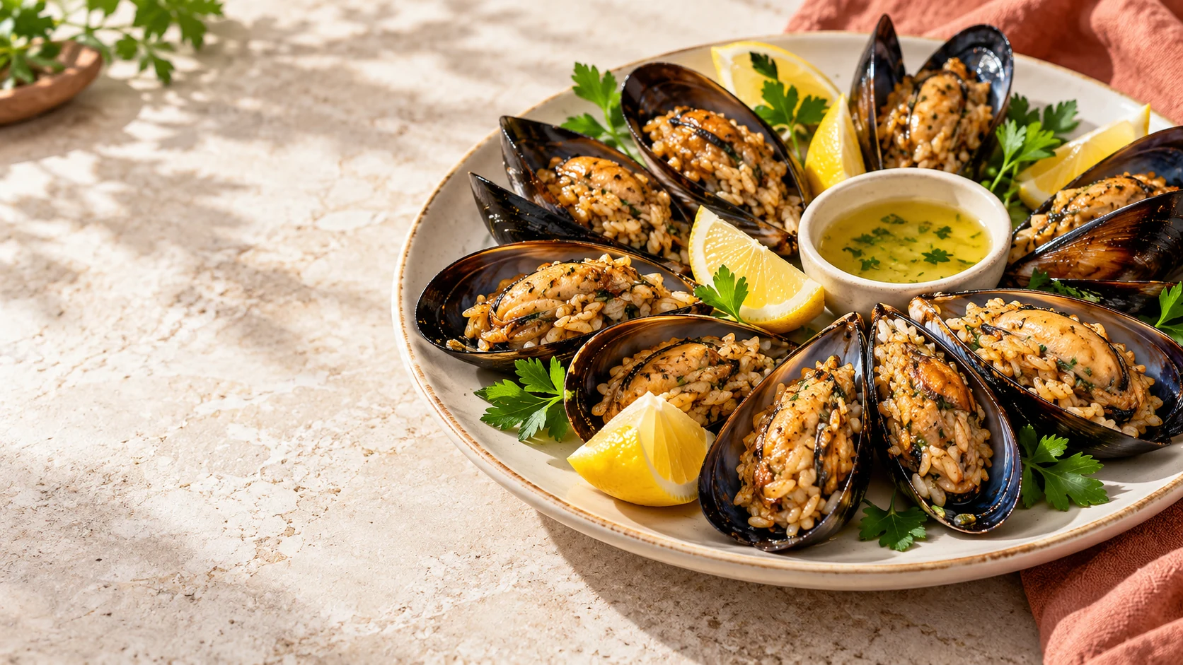Akhisar Midye dolma tabağı; limonla servis edilir